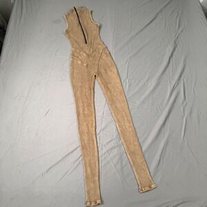 Madrag Tan Ribbed Zip Front Mock Neck Jumpsuit Sleeveless Catsuit Medium